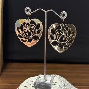 Gold Tone Floral Heart Earrings